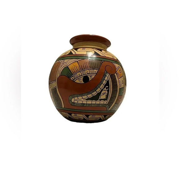 South American Handpainted Pottery Tilted Vase Planter Round Bottom - Picture 3 of 11